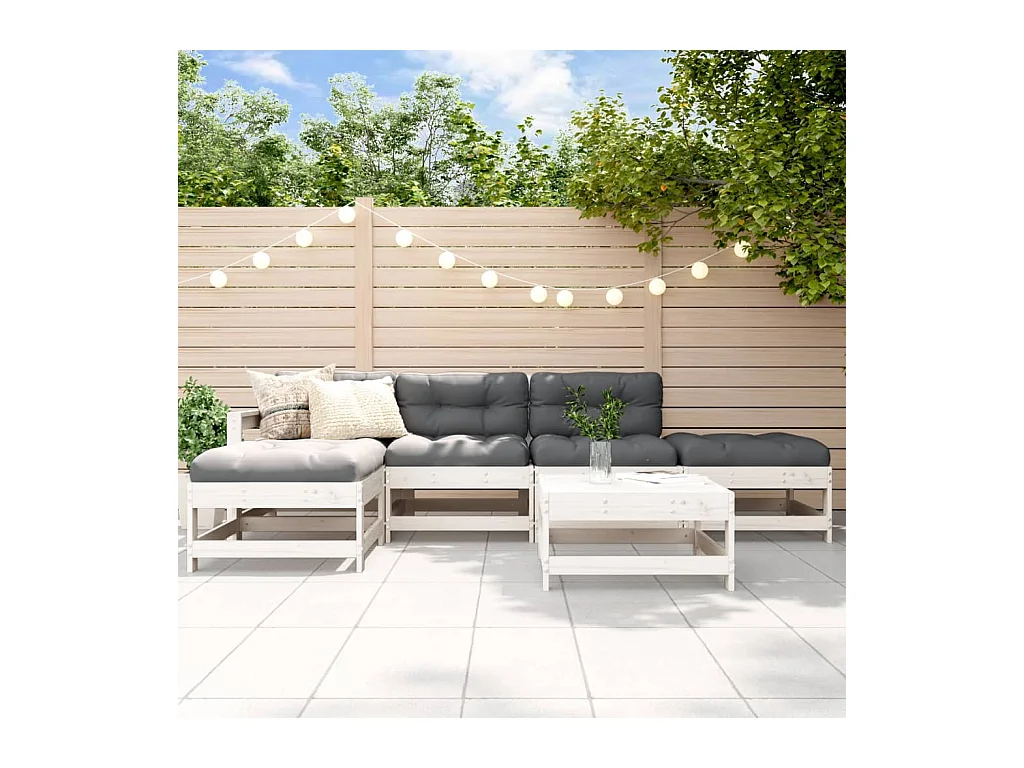 Salon de jardin 6 pcs avec coussins blanc bois massif