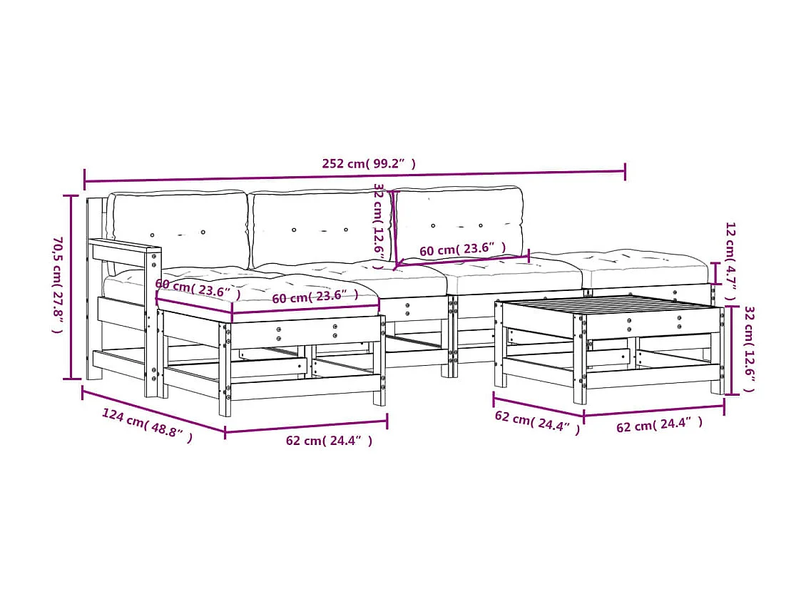 6-delige Loungeset met kussens massief hout wit