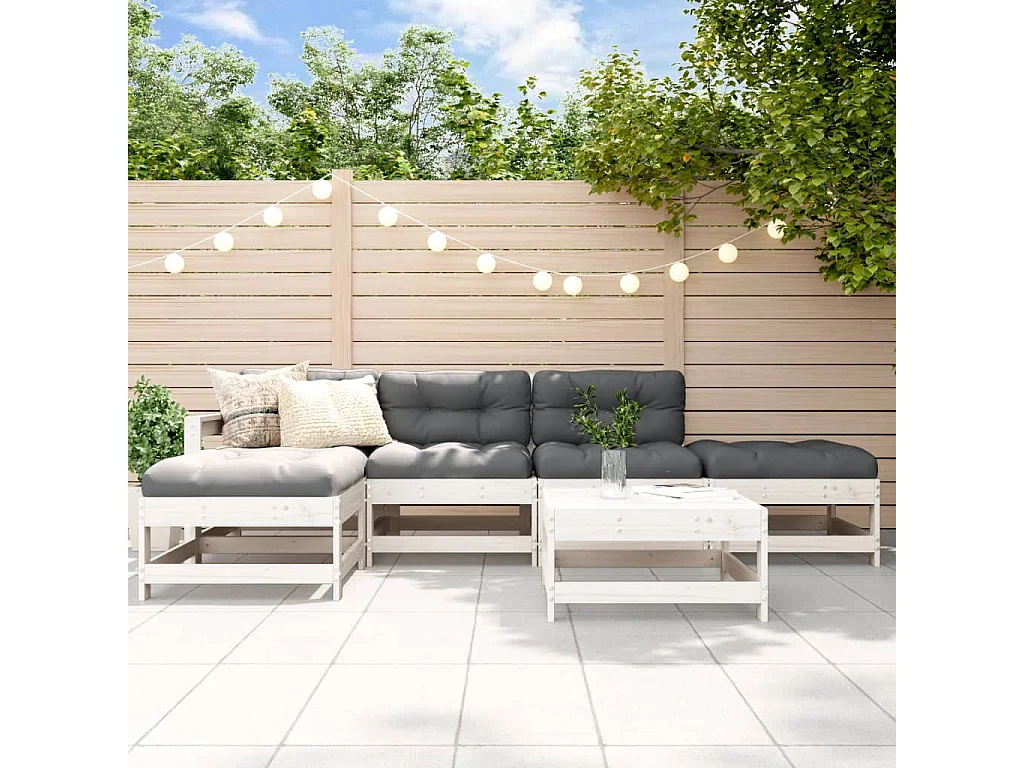 Set Divani da Giardino 6pz con Cuscini in Legno Massello Bianco