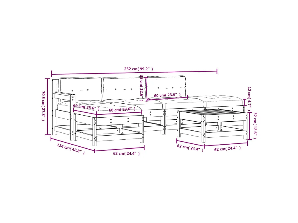 Set Divani da Giardino 6pz con Cuscini in Legno Massello Bianco