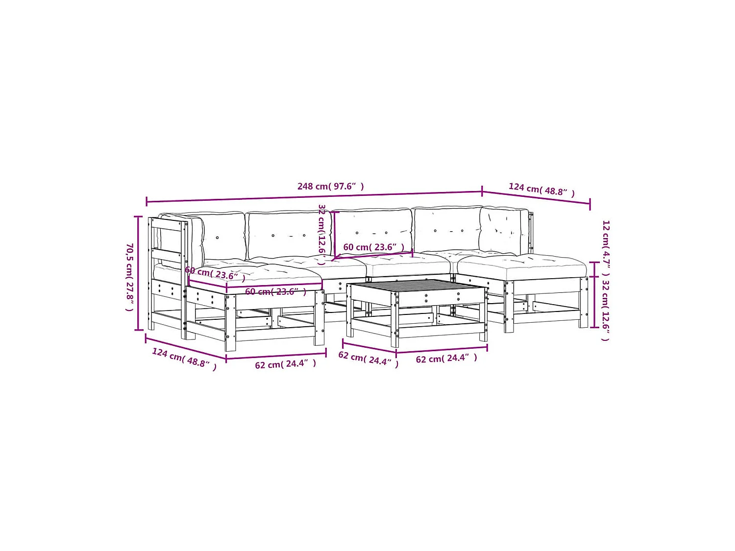 7 pcs conjunto lounge jardim c/ almofadões madeira maciça