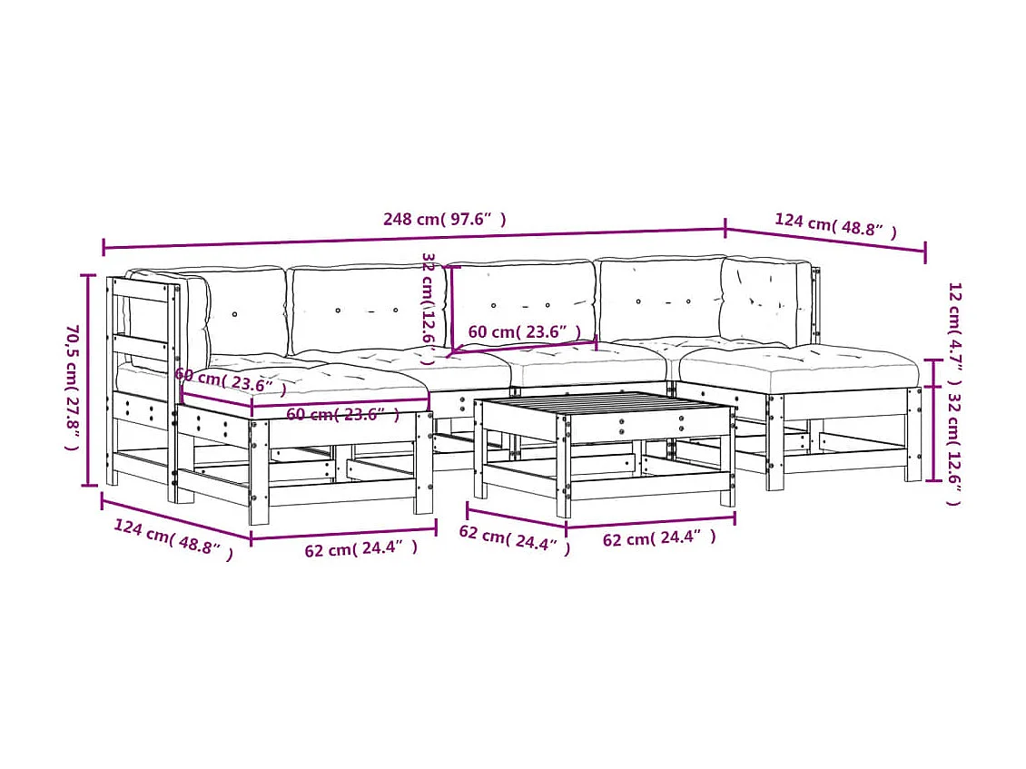 7 pcs conjunto lounge jardim c/ almofadões madeira maciça
