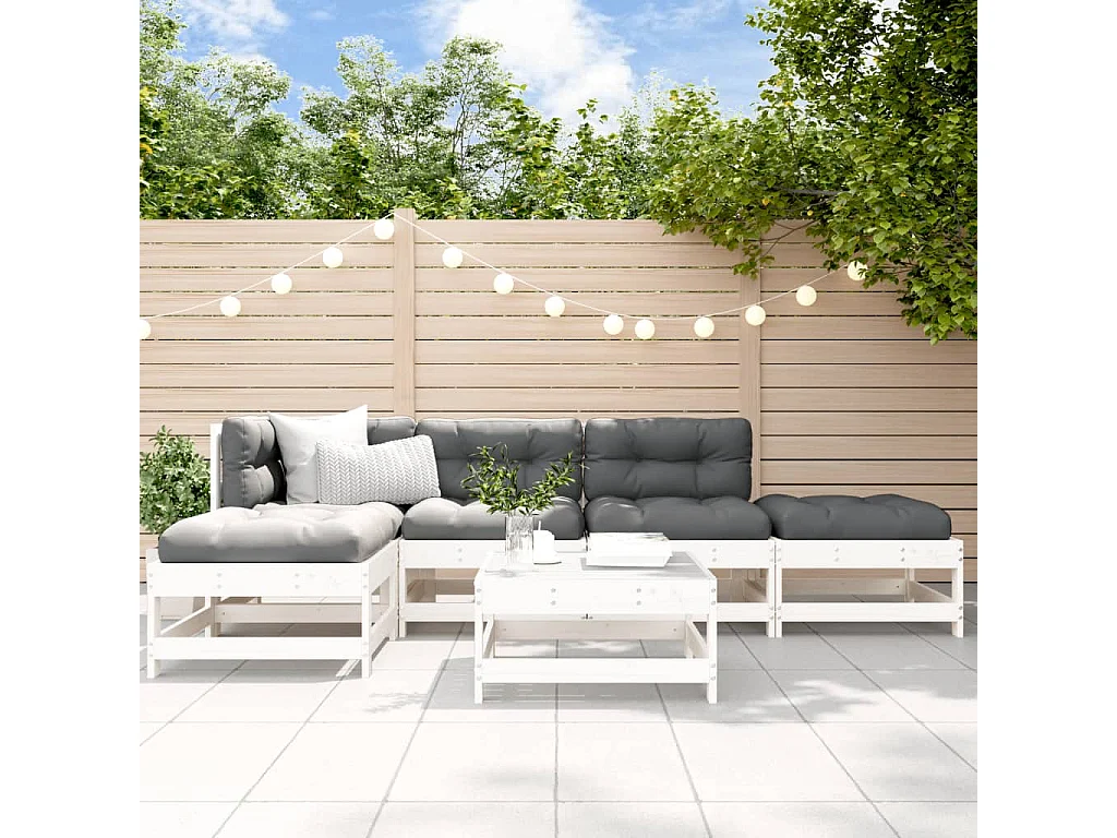 Salon de jardin 6 pcs avec coussins blanc bois massif