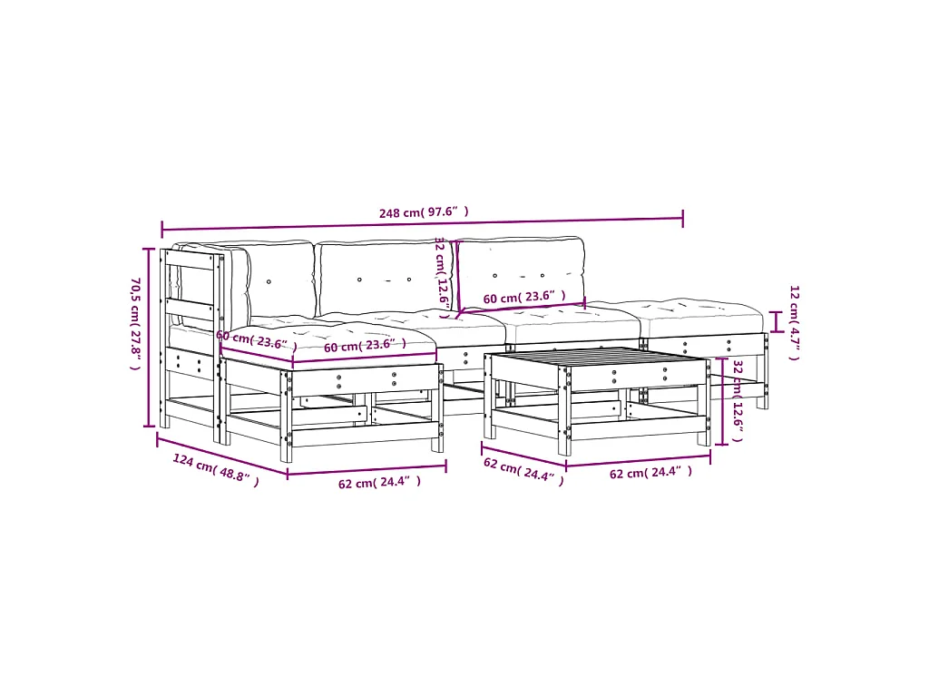 6-tlg. Garten-Lounge-Set mit Kissen Weiß Massivholz