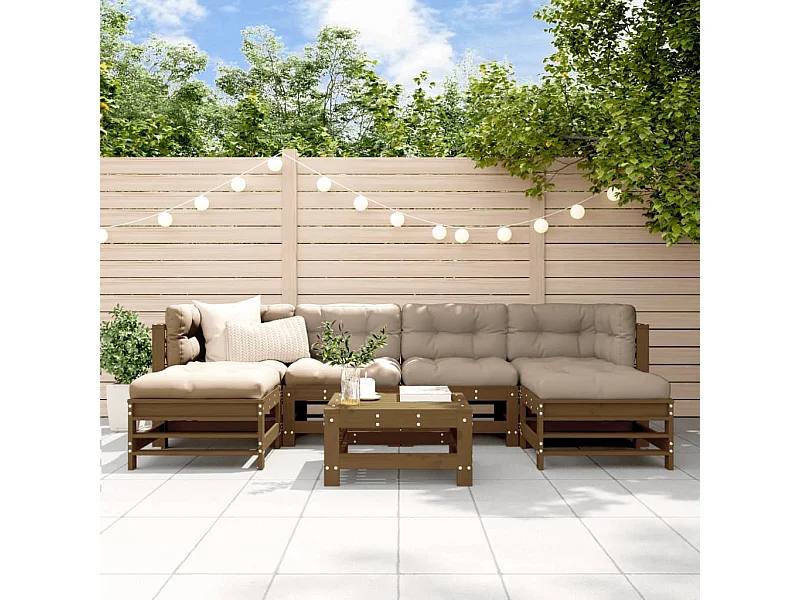 Salon de jardin 7 pcs avec coussins marron miel bois massif