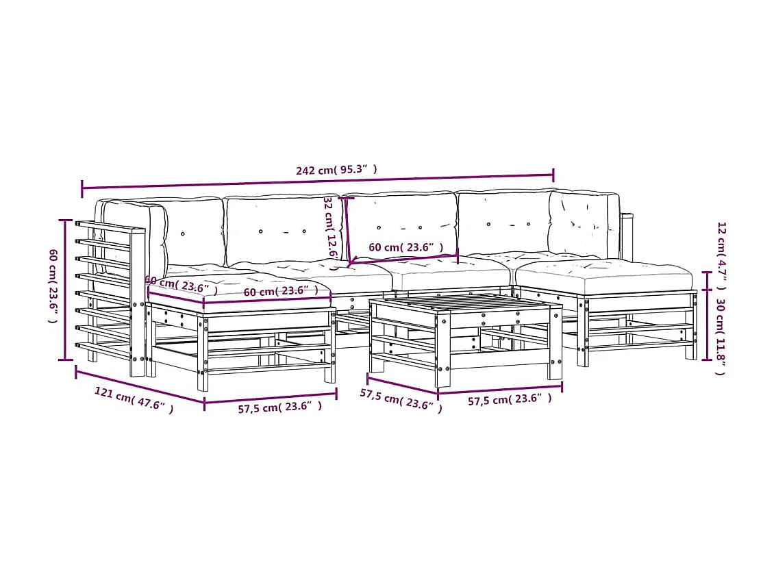 7-delige Loungeset met kussens massief hout honingbruin