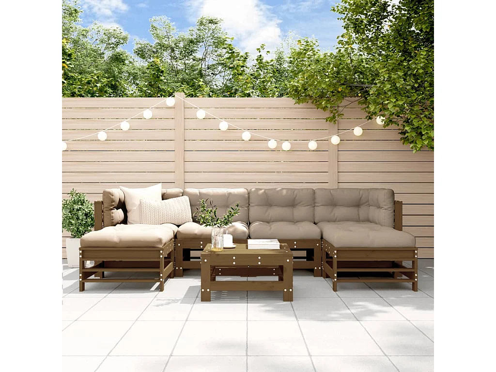 Salon de jardin 7 pcs avec coussins marron miel bois massif
