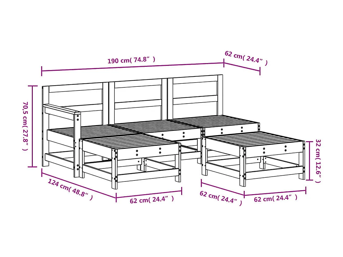 Set Salotto da Giardino 5 pz Bianco in Legno Massello di Pino