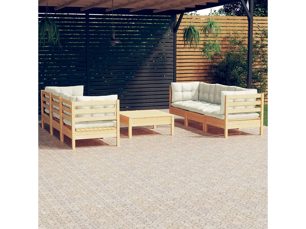 Salon de jardin 7 pcs avec coussins crème bois de pin