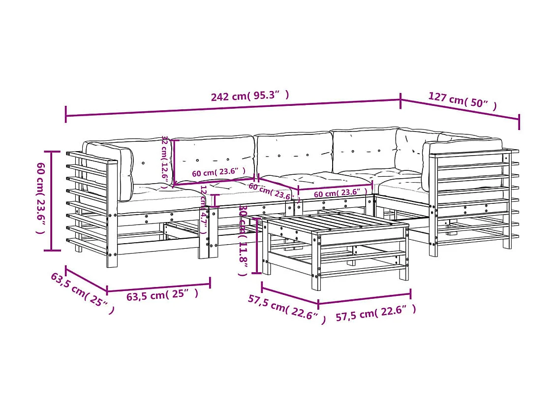 Set Divani da Giardino 6pz con Cuscini in Legno Massello Grigio