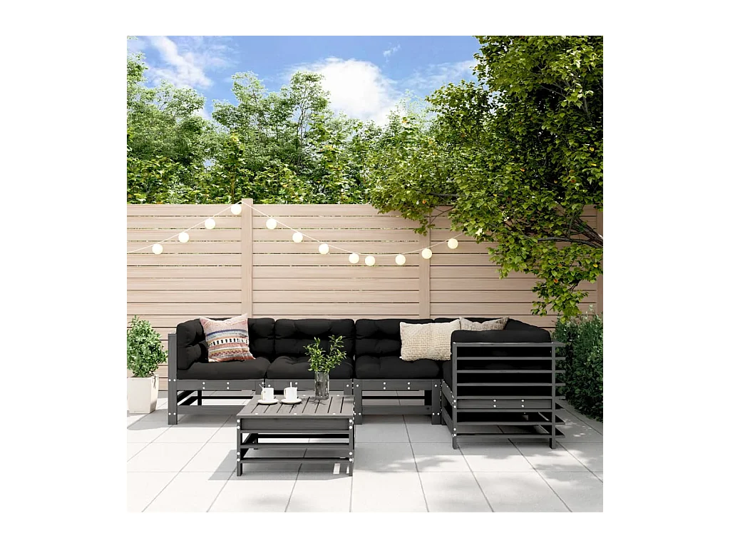 Set Divani da Giardino 6pz con Cuscini in Legno Massello Grigio