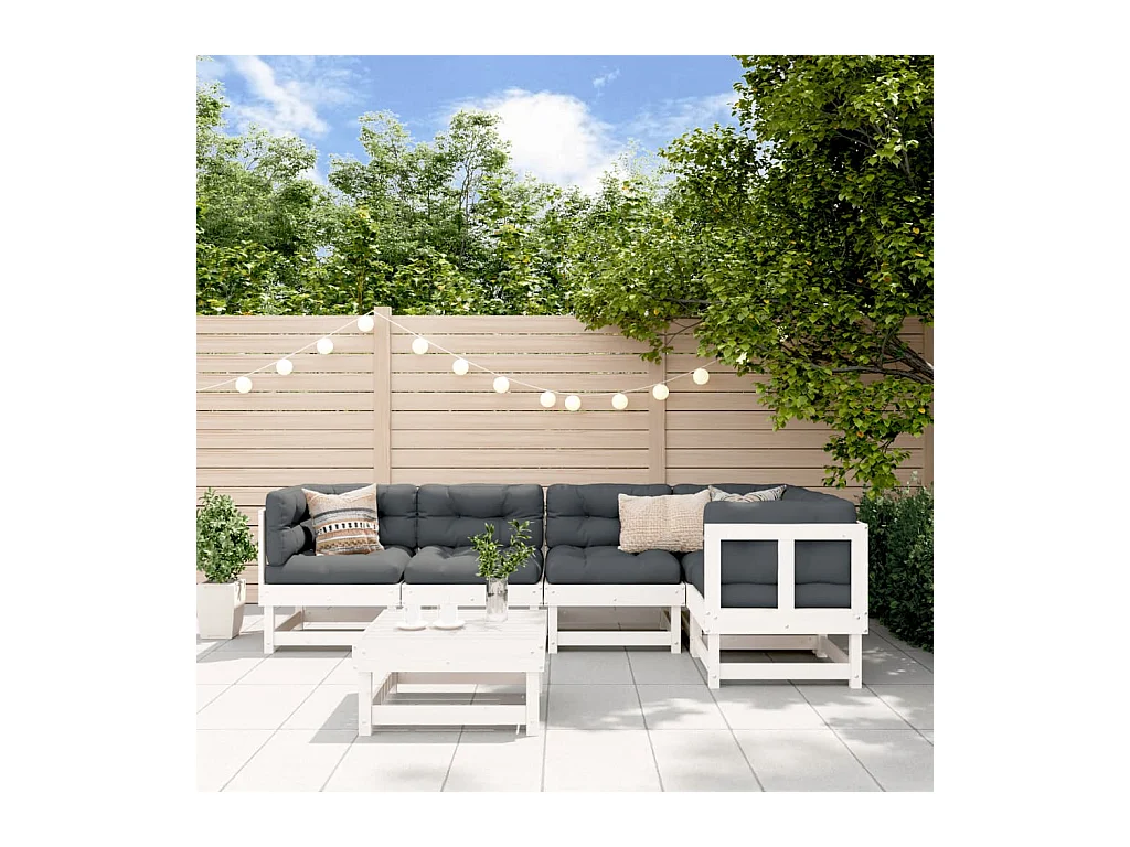 Juego de muebles jardín 6 piezas y cojines madera maciza blanco