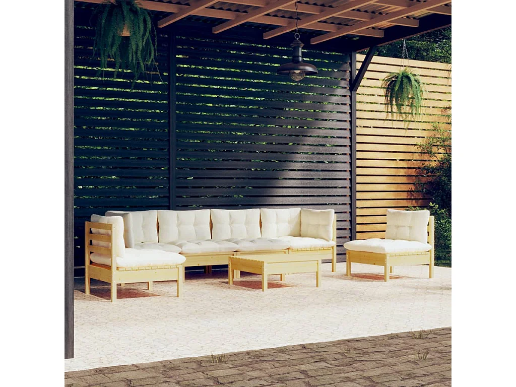 7-tlg. Garten-Lounge-Set mit Creme Kissen Massivholz Kiefer