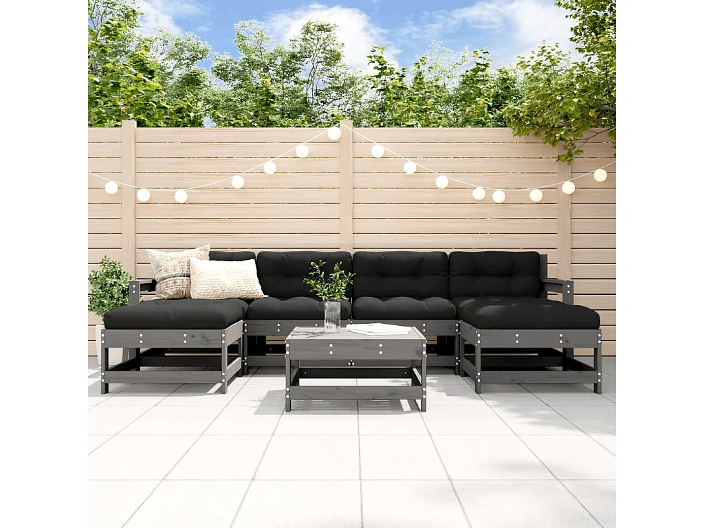 7-tlg. Garten-Lounge-Set mit Kissen Grau Massivholz