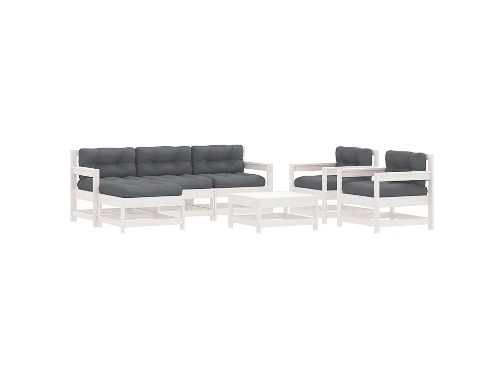 Set Divani da Giardino 7pz con Cuscini in Legno Massello Bianco