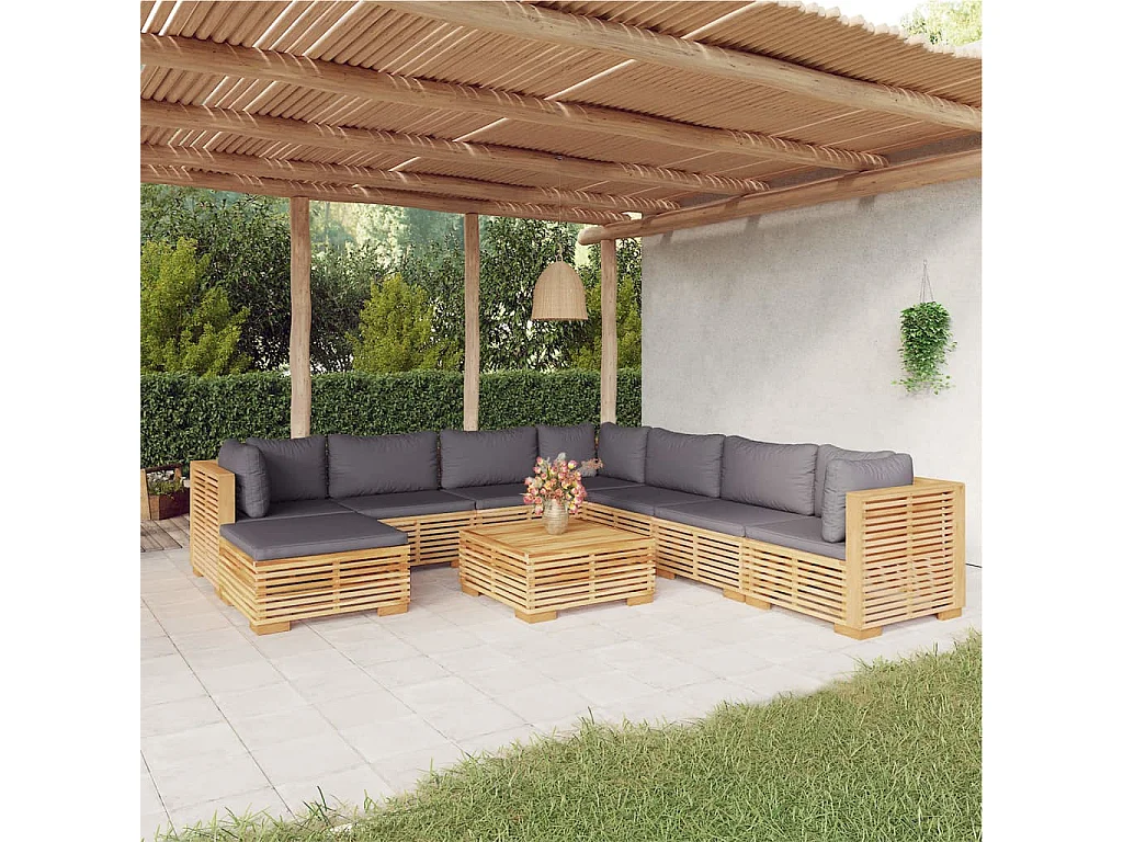 9-tlg. Garten-Lounge-Set mit Kissen Massivholz Teak