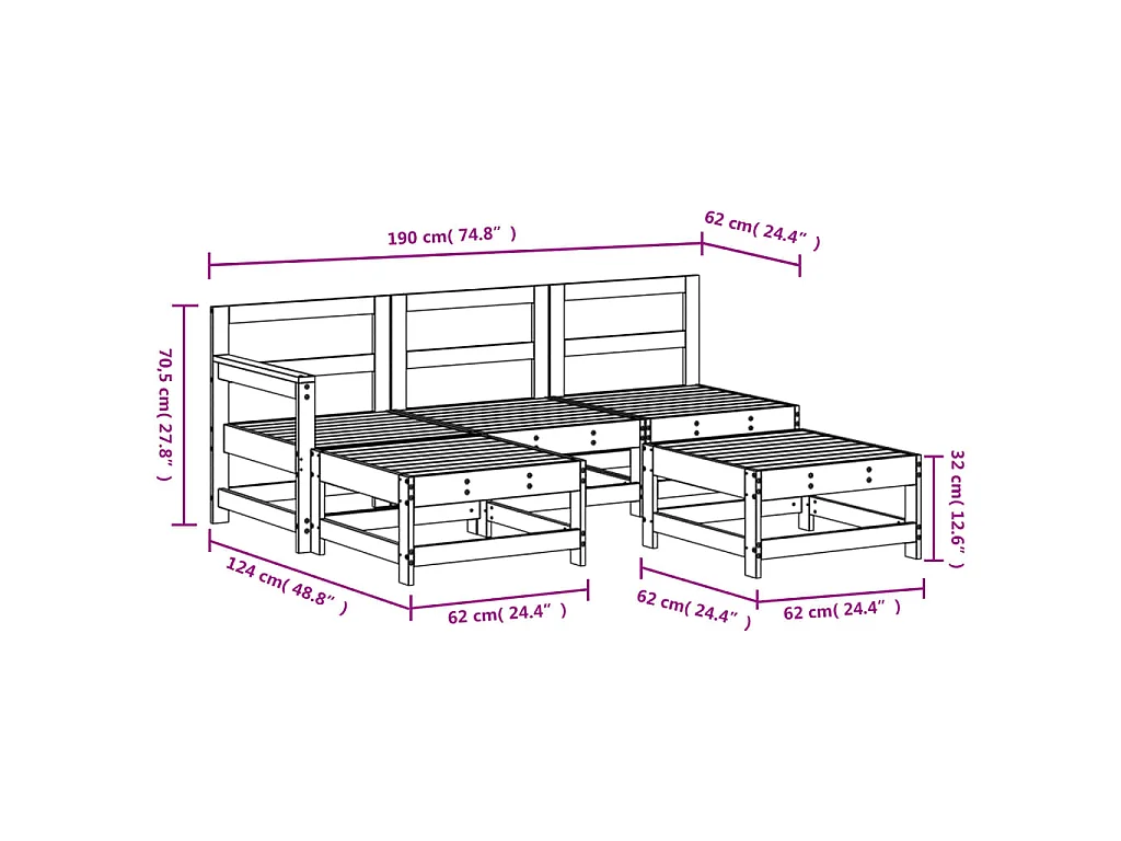 Salon de jardin 5 pcs bois massif de pin