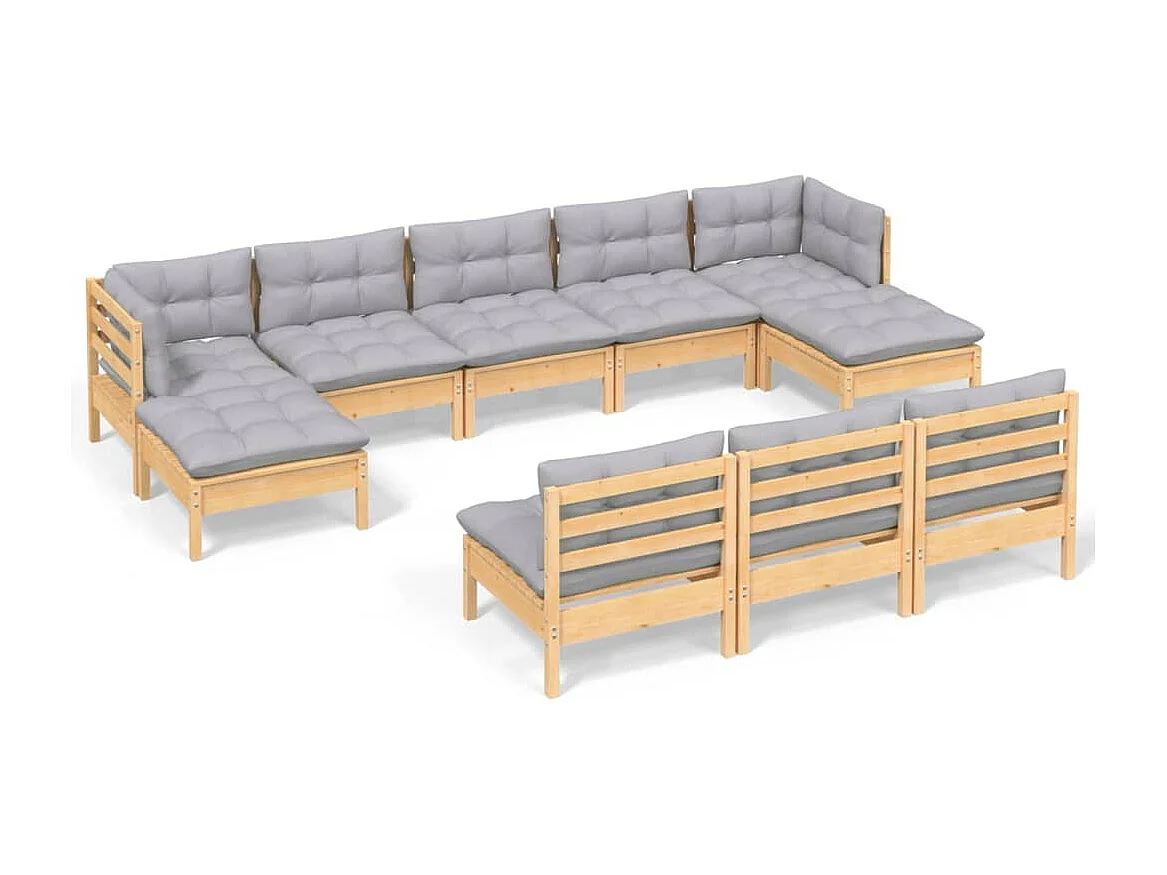 Juego de muebles de jardín 10 pzas y cojines madera pino gris