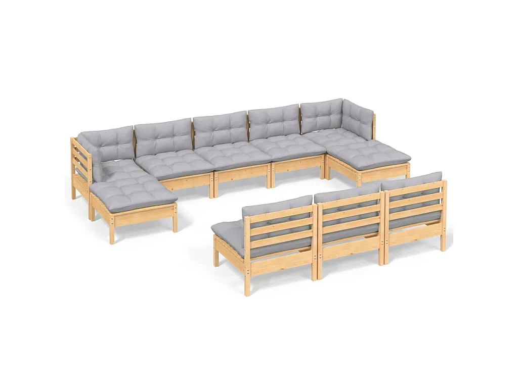 10 pcs conjunto lounge de jardim c/ almofadões cinzentos pinho