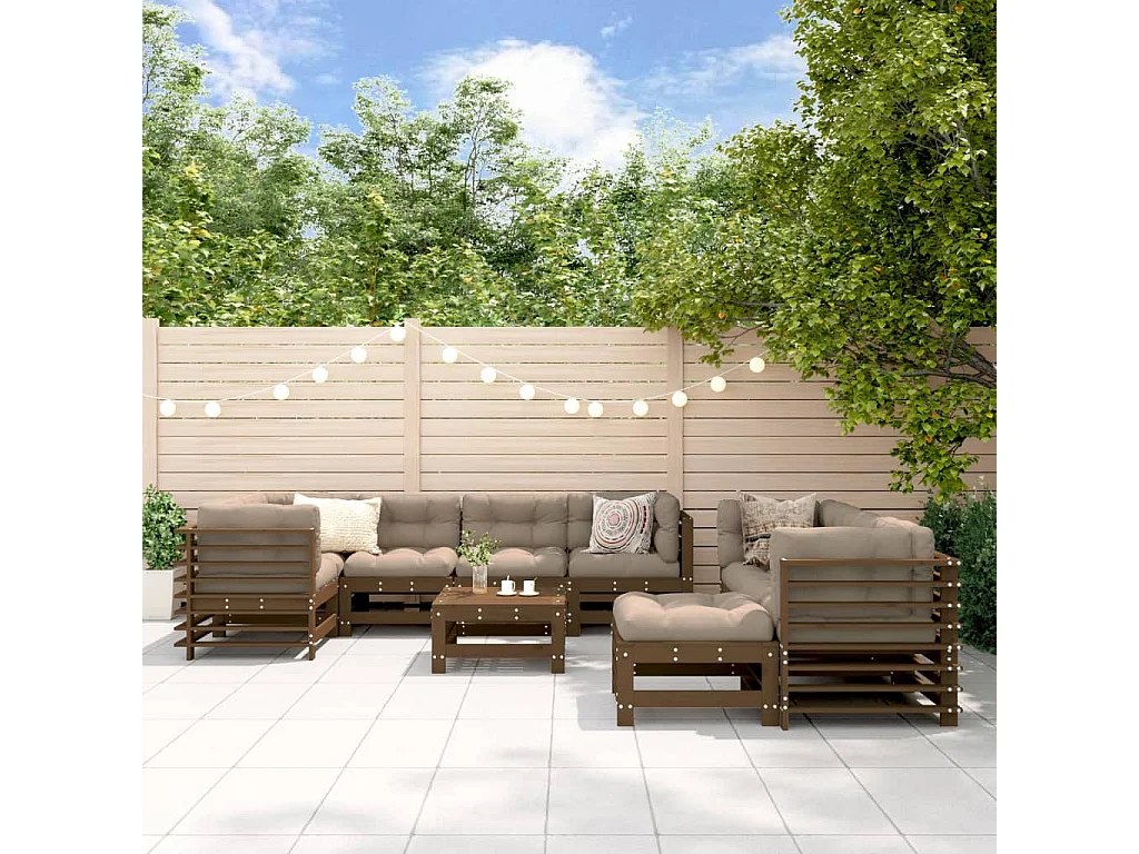 Set Divani da Giardino 10pz con Cuscini in Legno Massello ambra