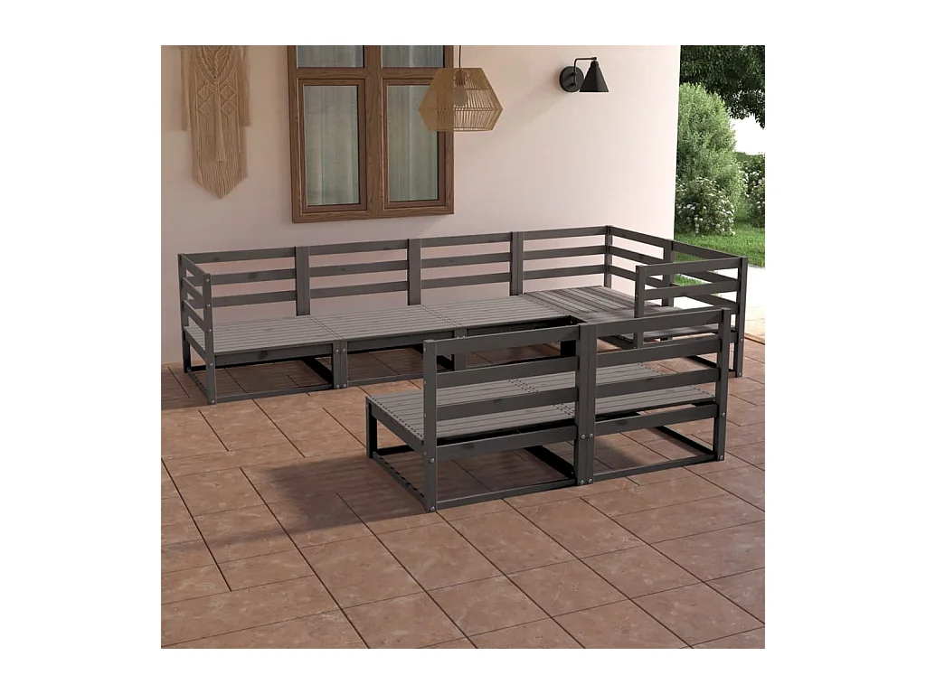 Set Divani da Giardino 7 pz Grigio in Legno Massello di Pino