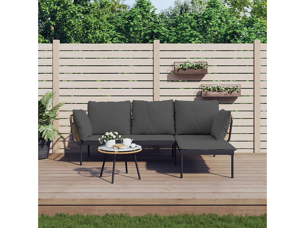 3-tlg. Garten-Lounge-Set mit Kissen Dunkelgrau Poly Rattan