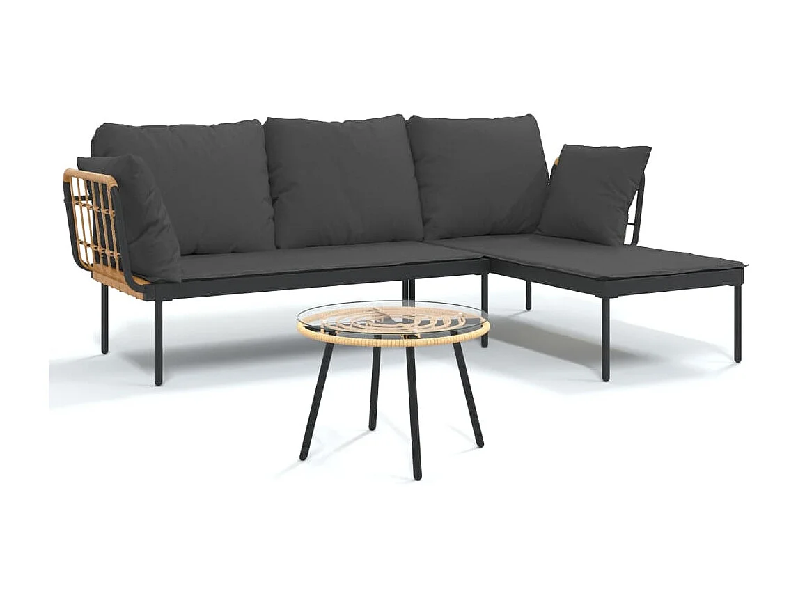 3-delige Loungeset met kussens poly rattan donkergrijs