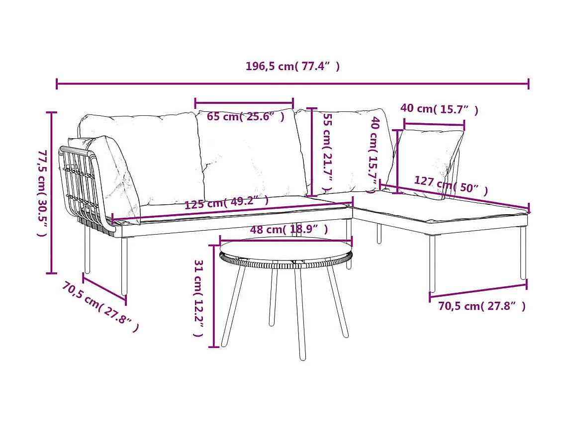 3-delige Loungeset met kussens poly rattan donkergrijs