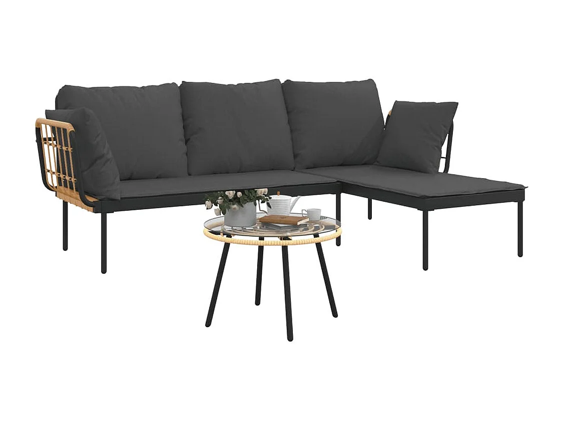 3-delige Loungeset met kussens poly rattan donkergrijs
