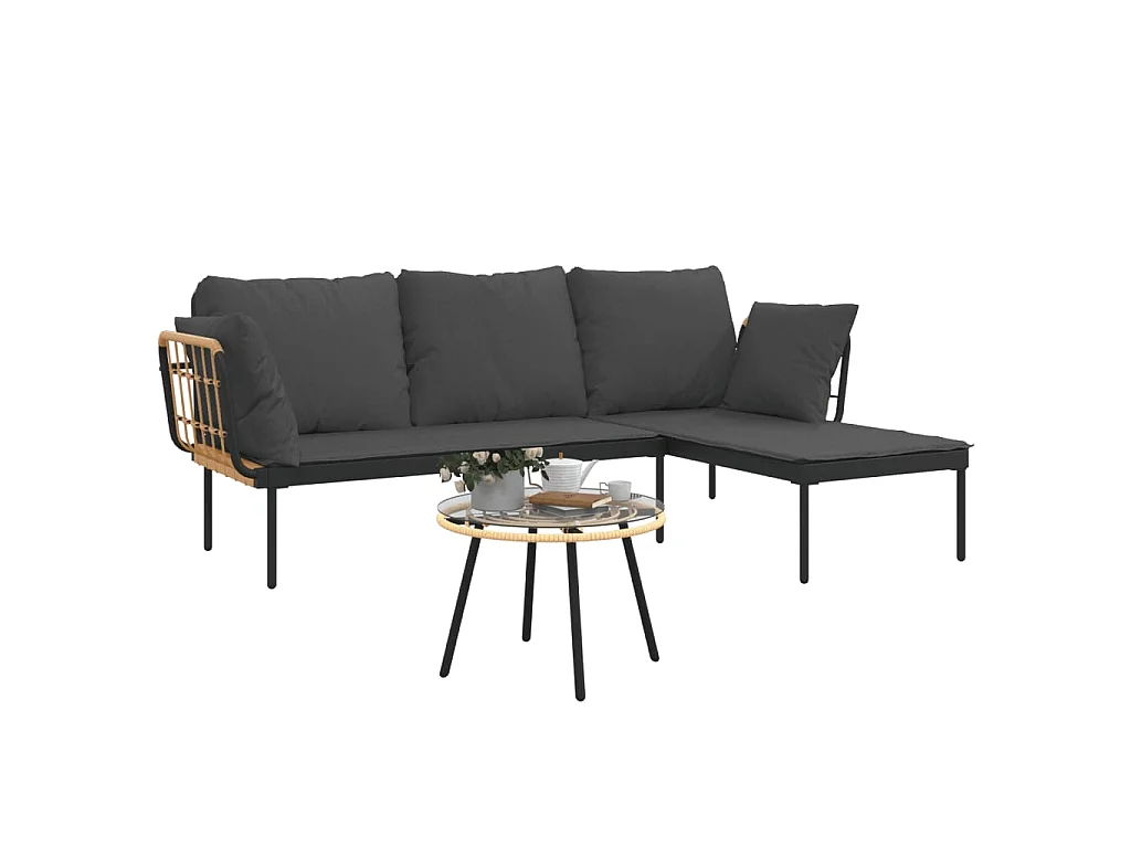 Salon de jardin 3 pcs avec coussins gris foncé résine tressée