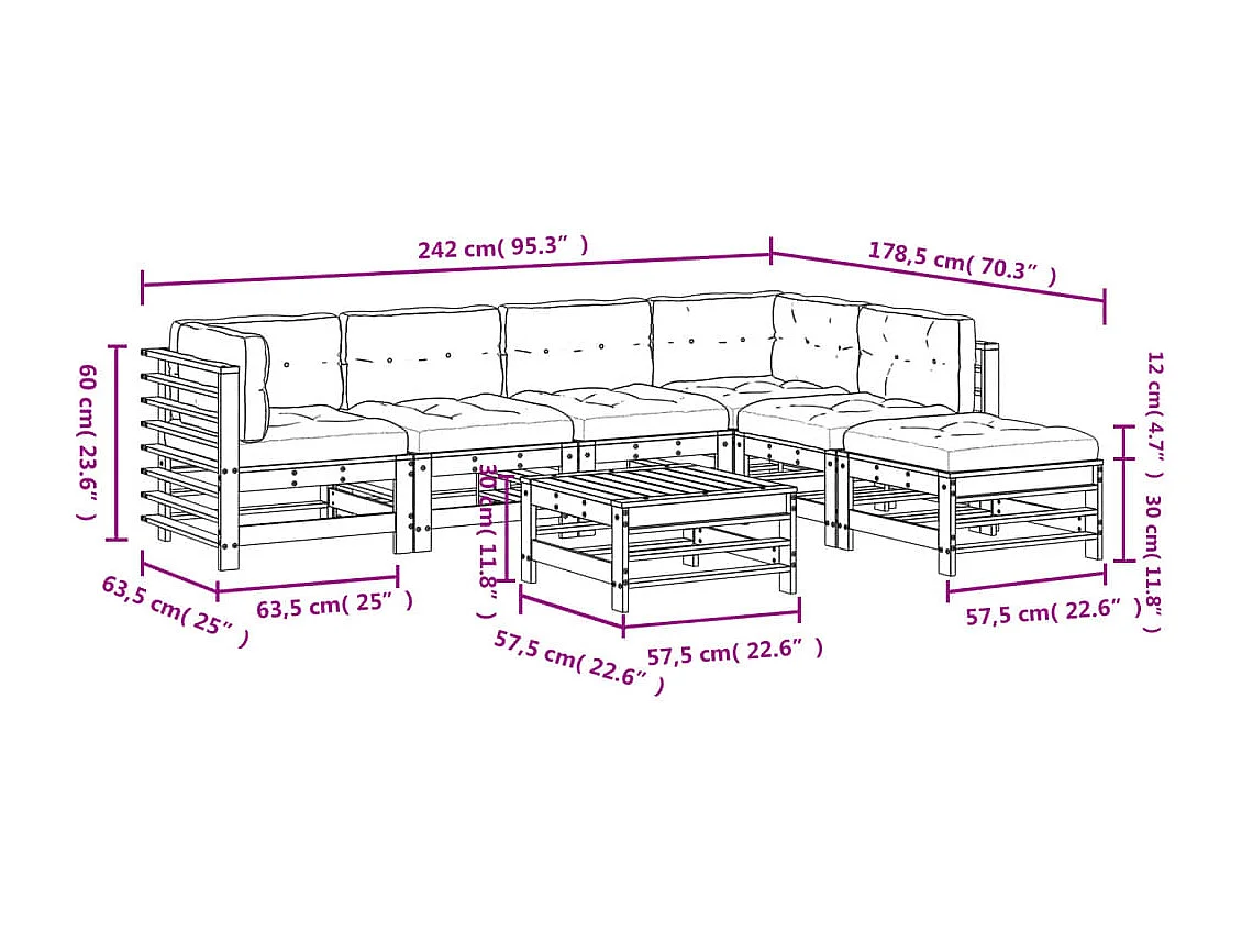 7-delige Loungeset met kussens massief hout honingbruin