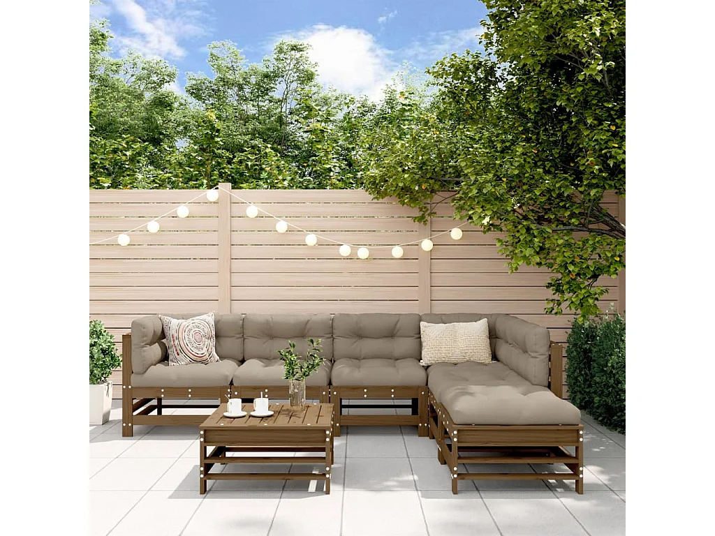 7-delige Loungeset met kussens massief hout honingbruin