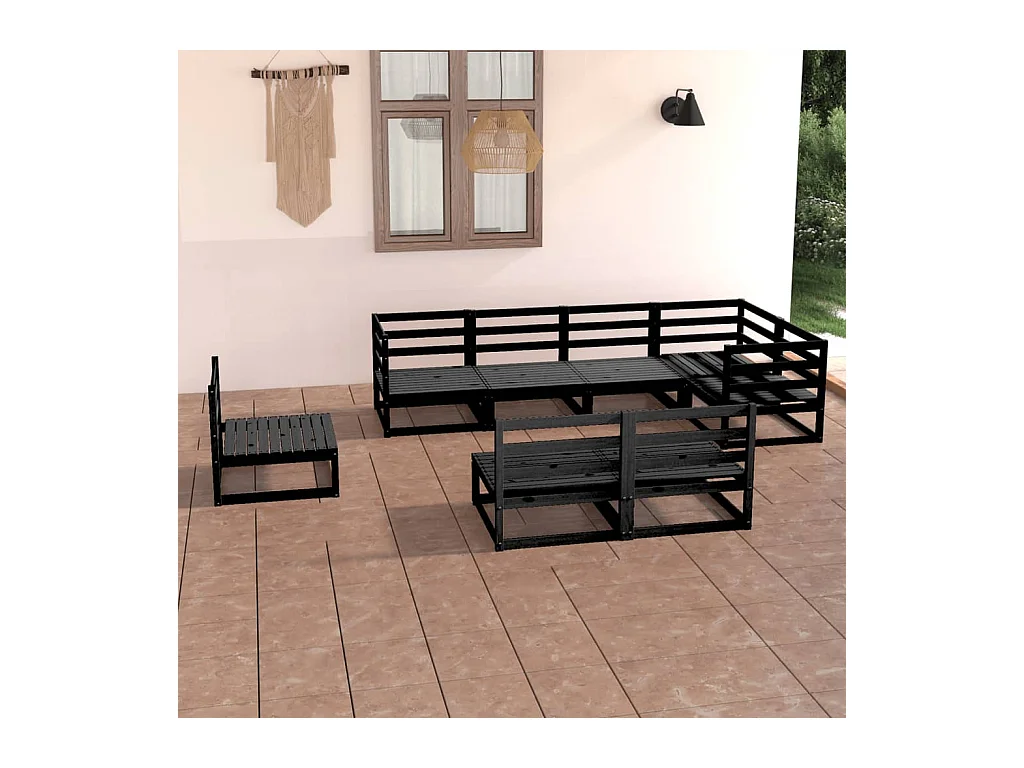 Salon de jardin 8 pcs noir bois de pin massif
