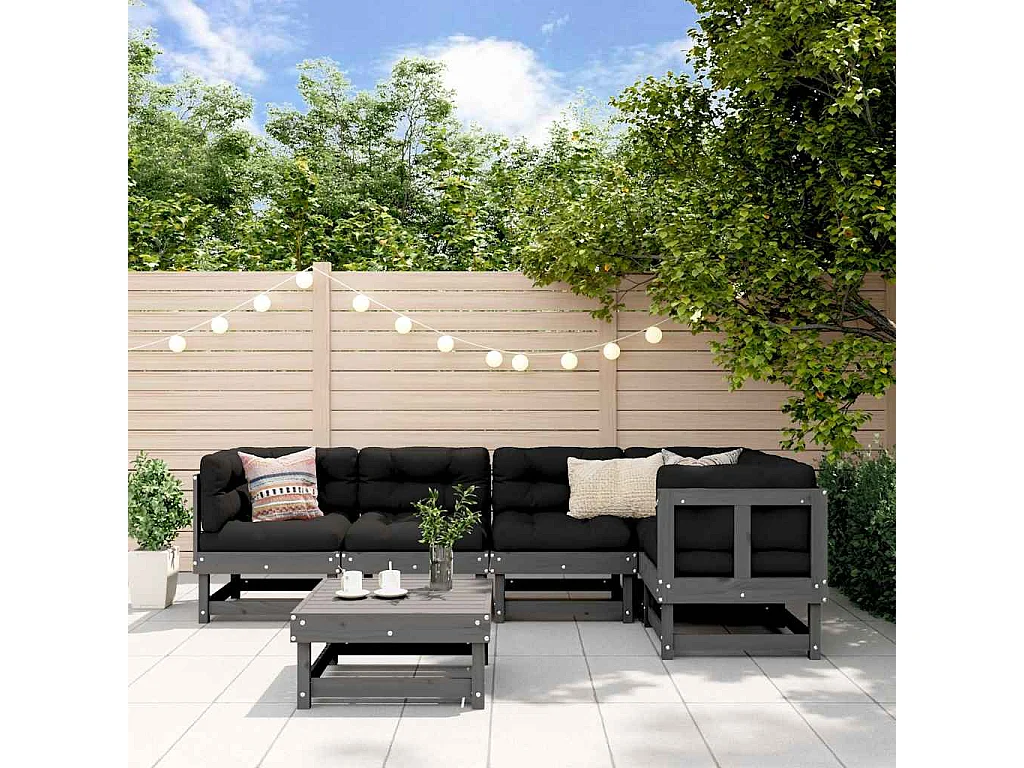 Salon de jardin 6 pcs avec coussins gris bois massif