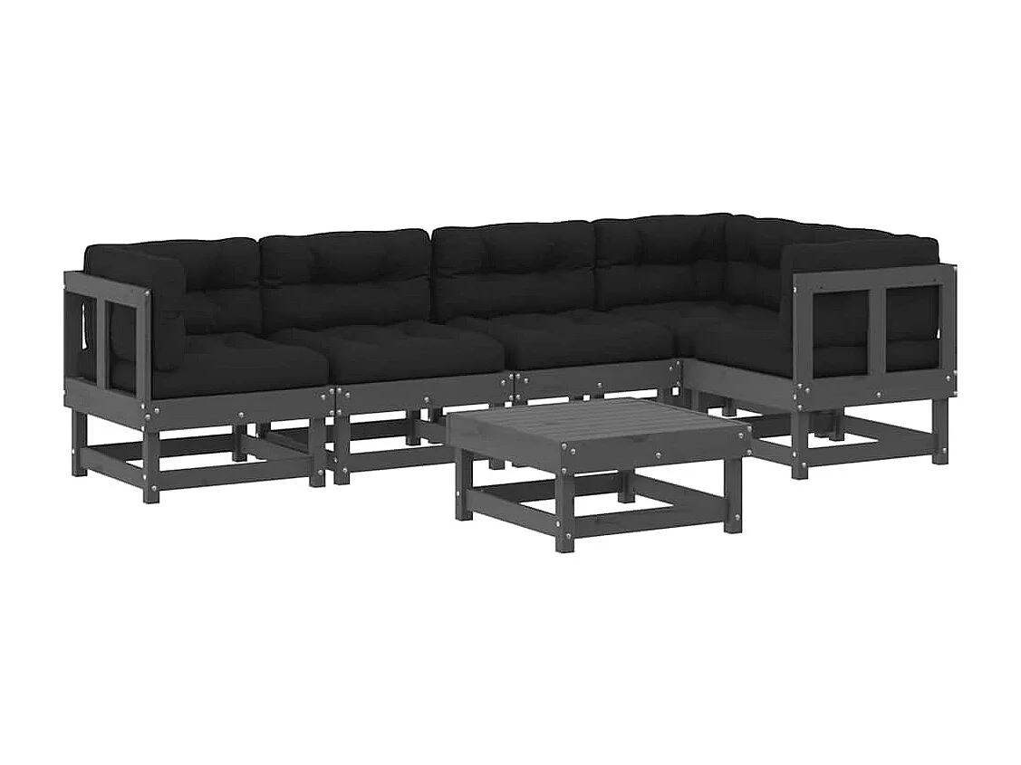 Salon de jardin 6 pcs avec coussins gris bois massif
