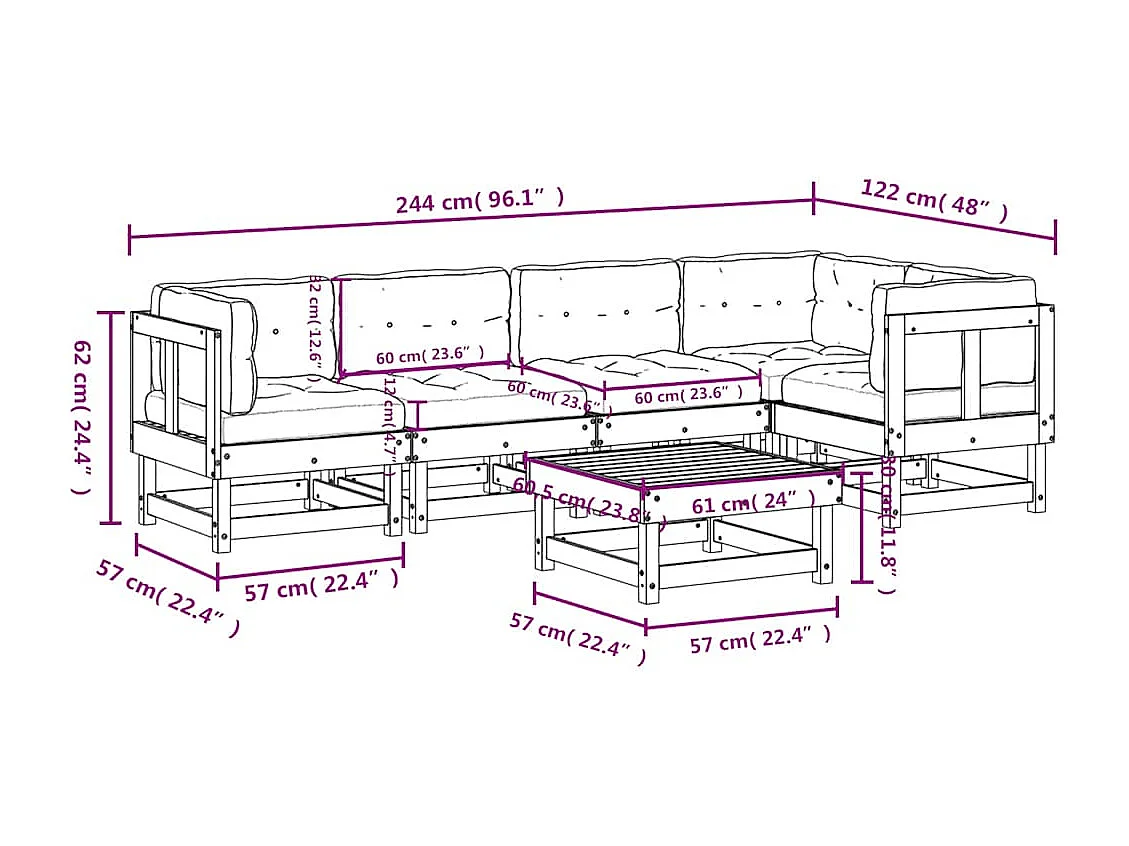 Salon de jardin 6 pcs avec coussins gris bois massif