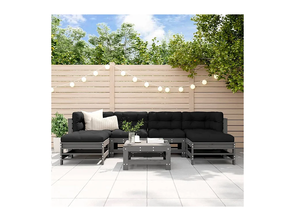 7-delige Loungeset met kussens massief hout grijs