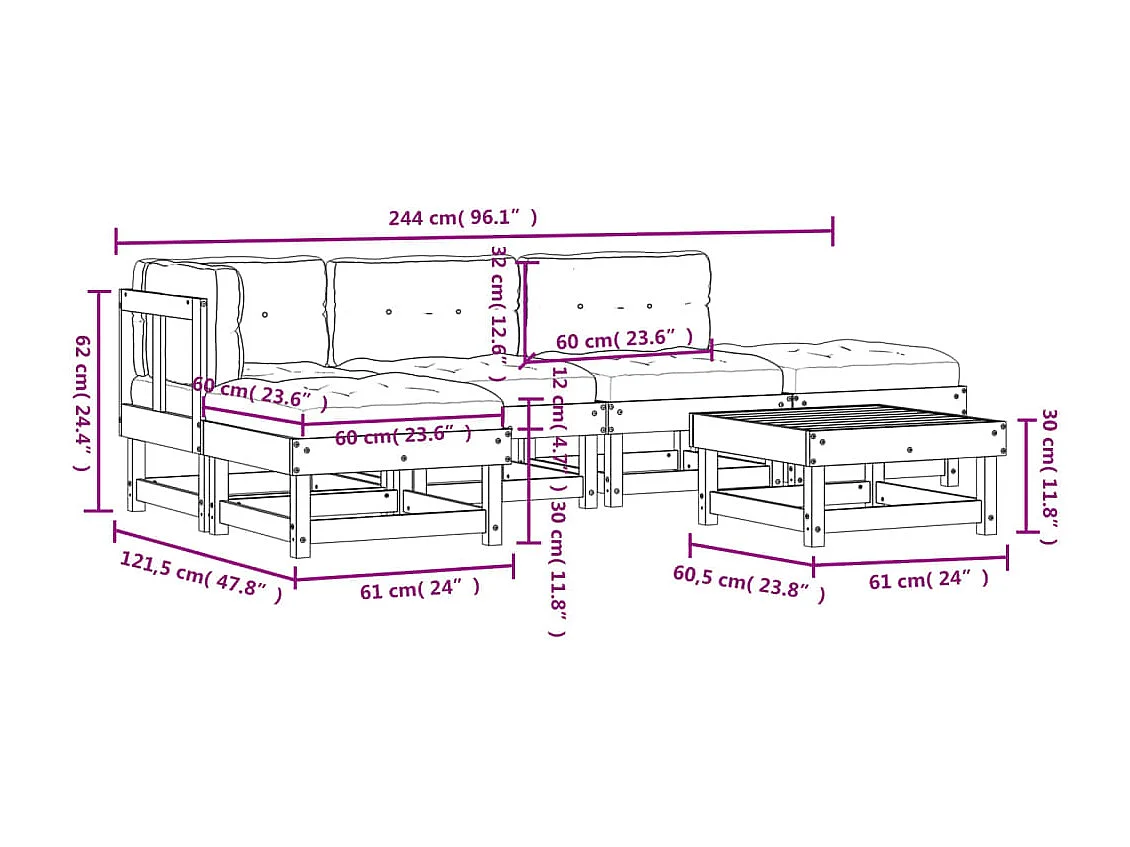 6 pcs conjunto lounge de jardim c/ almofadões pinho impregnado