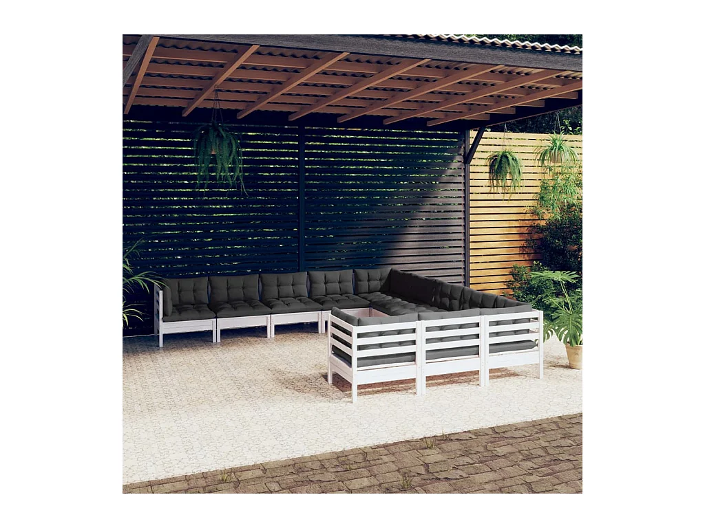 Salon de jardin 11 pcs avec coussins blanc bois de pin
