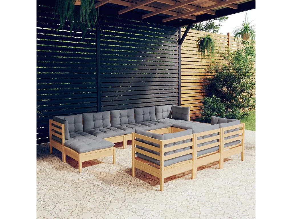 10-tlg. Garten-Lounge-Set mit Grauen Kissen Kiefer Massivholz