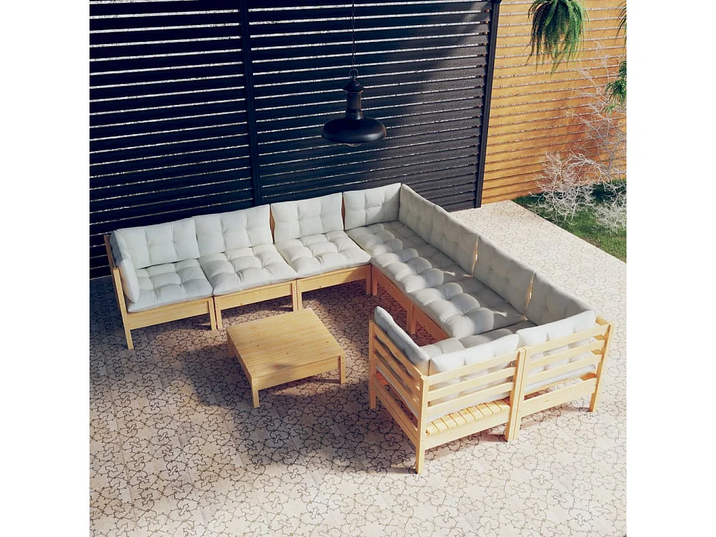 9 pcs conjunto lounge de jardim c/ almofadões cor creme pinho