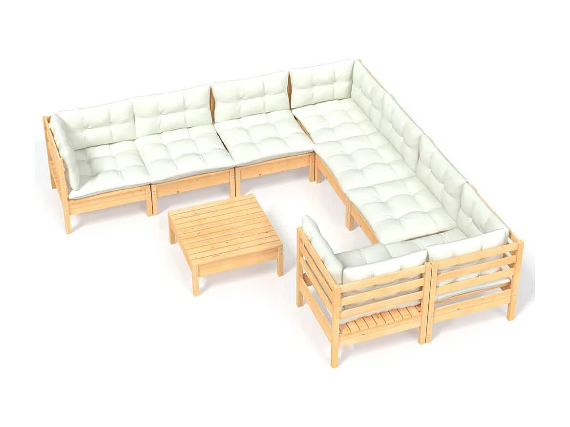 9 pcs conjunto lounge de jardim c/ almofadões cor creme pinho