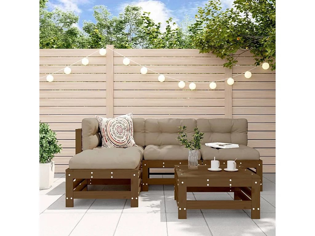 5-tlg. Garten-Lounge-Set mit Kissen Honigbraun Massivholz
