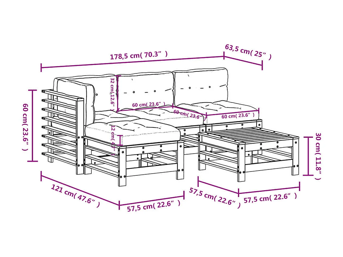 5-tlg. Garten-Lounge-Set mit Kissen Honigbraun Massivholz