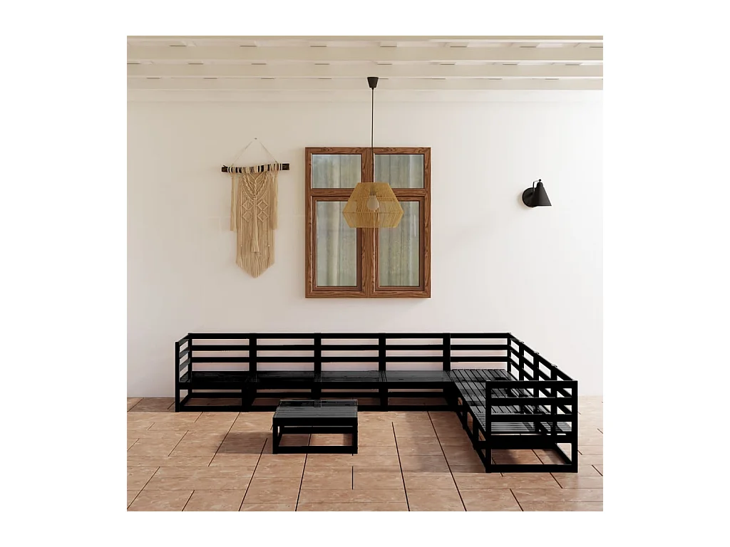 Set Divani da Giardino 9 pz Nero in Legno Massello di Pino