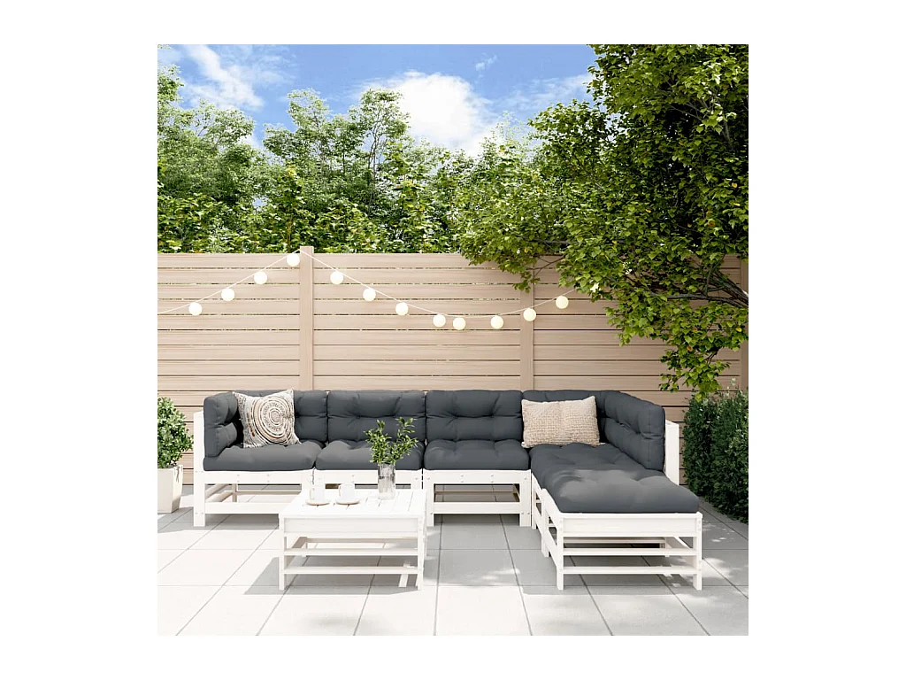 7-tlg. Garten-Lounge-Set mit Kissen Weiß Massivholz