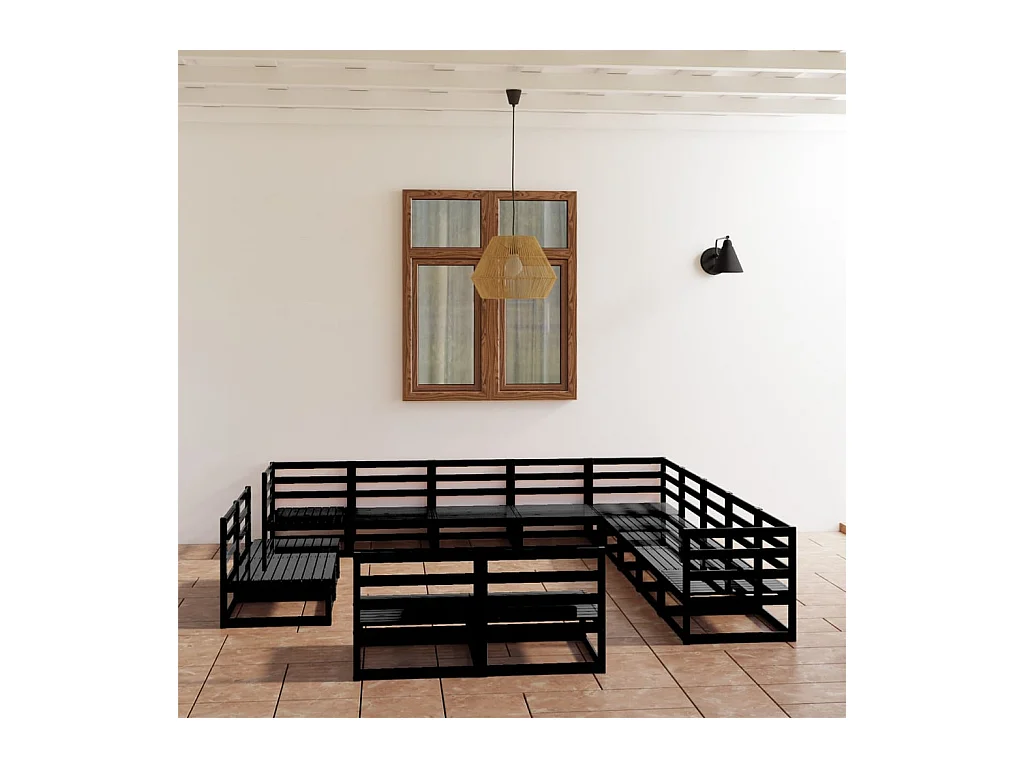 13-tlg. Garten-Lounge-Set Schwarz Massivholz Kiefer
