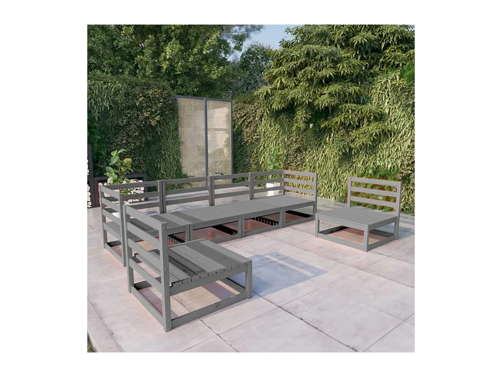 Set Divani da Giardino 6 pz Grigio in Legno Massello di Pino