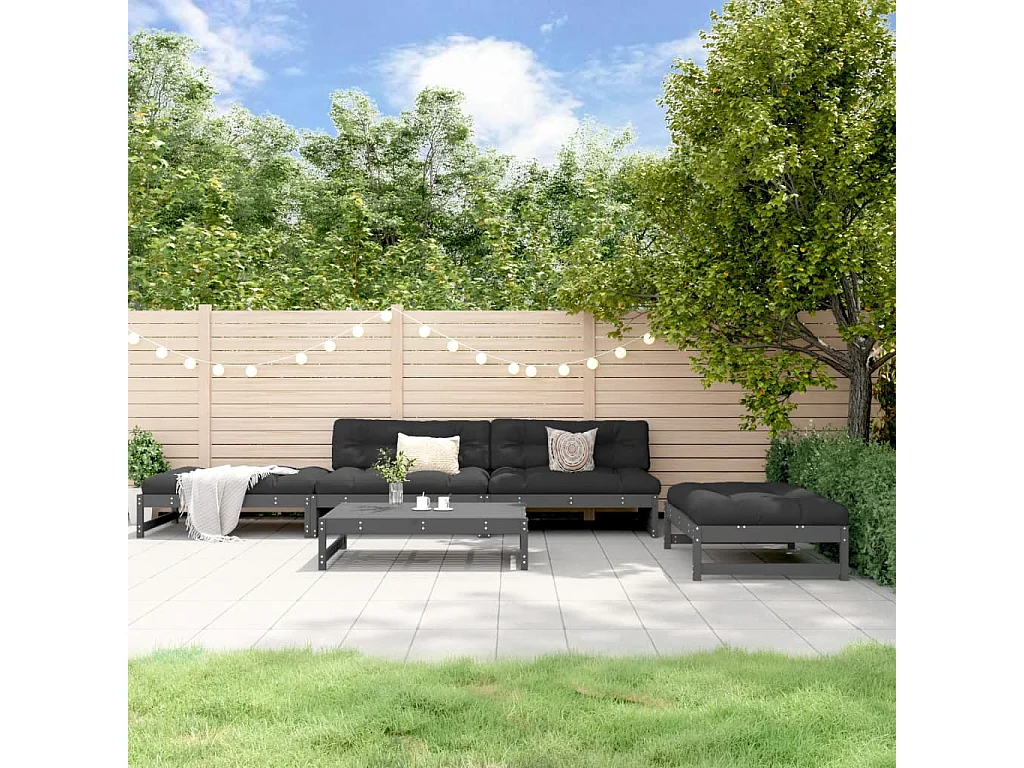 Set Divani da Giardino 5pz con Cuscini in Legno Massello Grigio