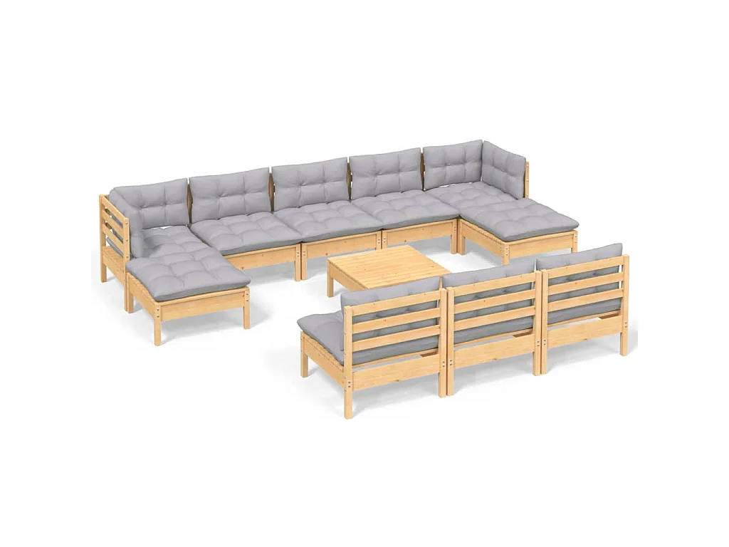 Salon de jardin 11 pcs avec coussins gris bois de pin